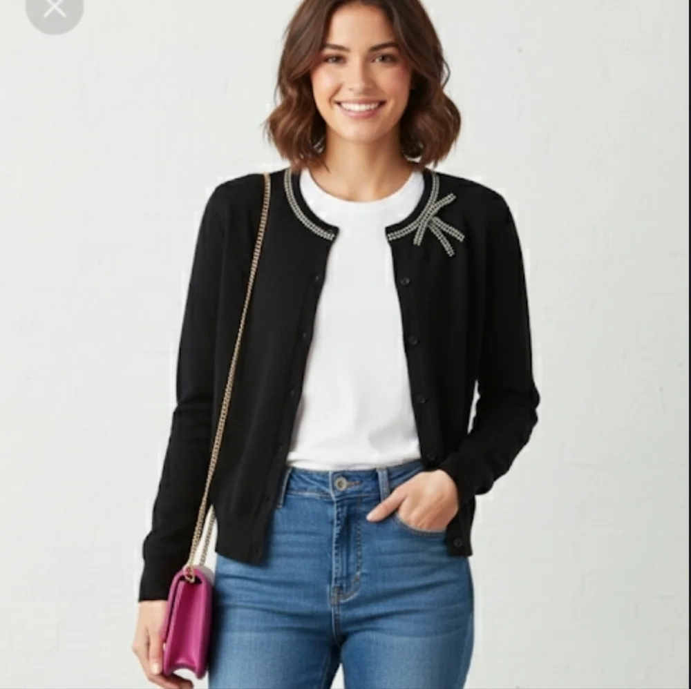 Kate Spade Black Embellished Bow Wool Blend Cardigan Sweater Size XXS